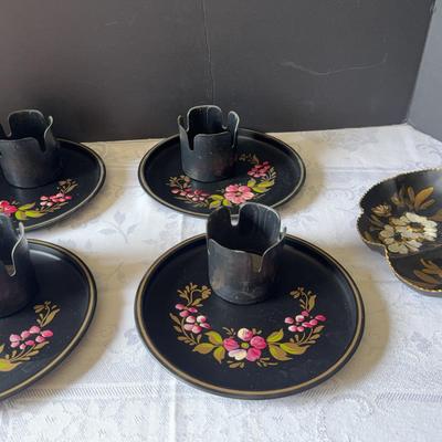Vintage Metal Snack Plates With Magnetic Cups, Serving Dish