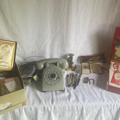 Mystery Lot Of Vintage Office Supplies/Stationary Including Vintage Rotary Phone 