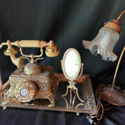 Antique Brass Rotary Phone, Boudoir Mirrors, and Lotus Lamp