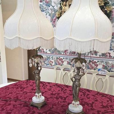 Bronze Figural Lamps, Grecian Woman On Marble Base, Vintage 