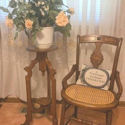 Late 19th Century Walnut Chair With Cane Seat And Antique Plant Stand
