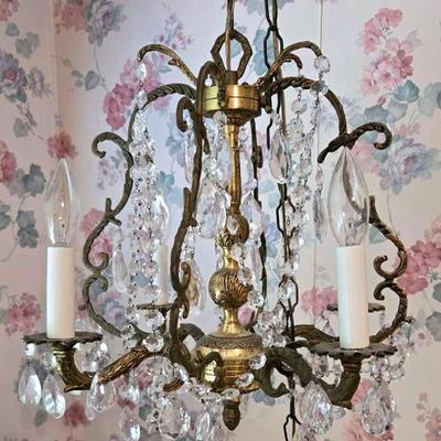 Antique French Art Deco Brass And Crystal Chandelier 