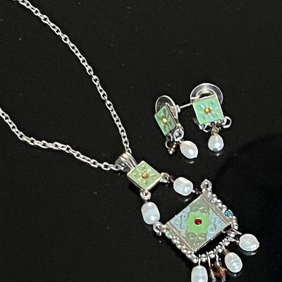 Genuine Baroque Pearl Enamel Pendant Necklace and Matching Earrings