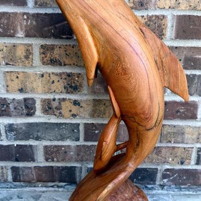 Large Hand Carved Driftwood Statue Of Dolphin Pair, 22.75 Inches Tall