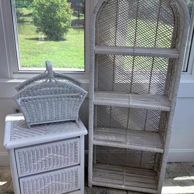 White Wicker Patio Furniture (3) With Arched Shelf, Basket, End Table