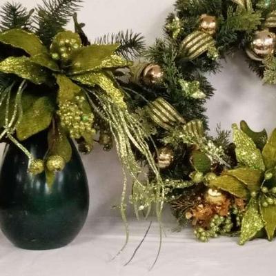 Green and Gold Holiday Wreath and Arrangement 