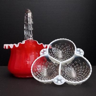 Decorative Amberina Fenton Hand-blown Glass Basket W/ Moonstone Hobnail Candy Dish