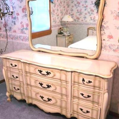 French Provincial 9 Drawer Dresser With Attached Mirror