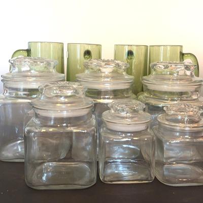Vintage Green Glass Beer Mugs With Lidded Glass Canisters