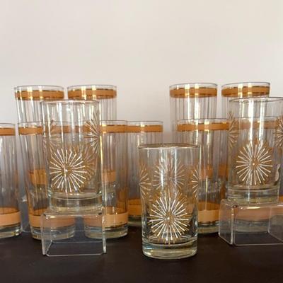 15 Piece Set MCM Tumblers/Glasses, Libbey Starburst & Culver 22K