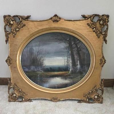 Vintage Wood Oval Frame With Landscape Print