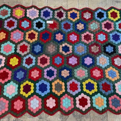 1970s Handmade Quilt In The ‘African Flower’ Or ‘Grandmas Flower’ Pattern