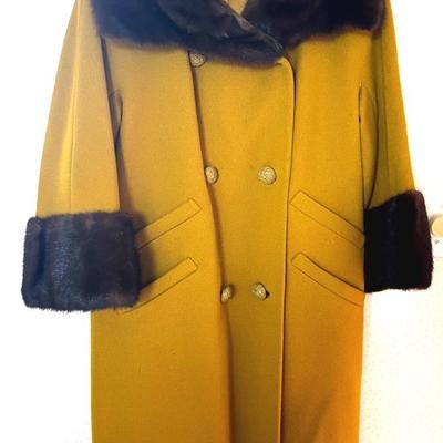 1960s Jeshiva for Shillitos Coat Salon Vibrant Gold Wool Twill Coat with Mink Trim
