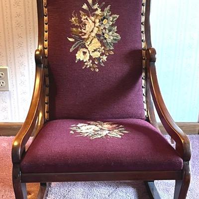 Empire Style Mahogany Needlepoint Sewing Rocker, Antique 
