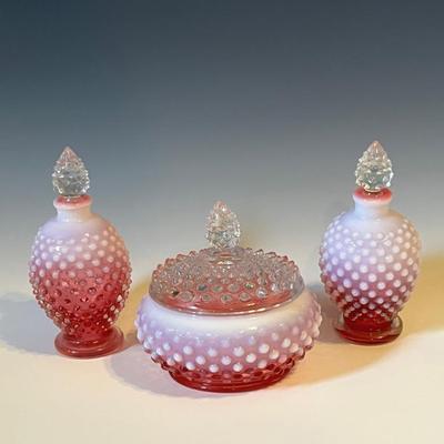 Fenton Cranberry Opalescent Hobnail Dresser Set