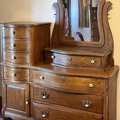 Victorian Style Oak Dresser with Wishbone Mirror and Side Cabinet 