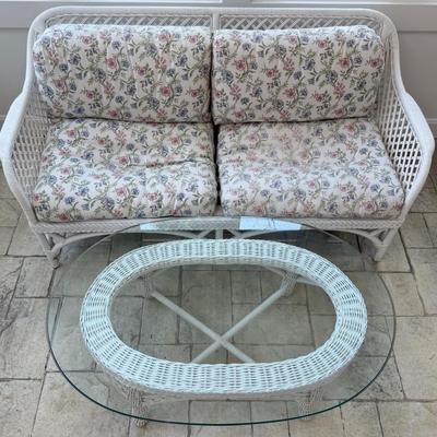 Lane White Wicker Sofa, Cushions, And Glass Top Coffee Table