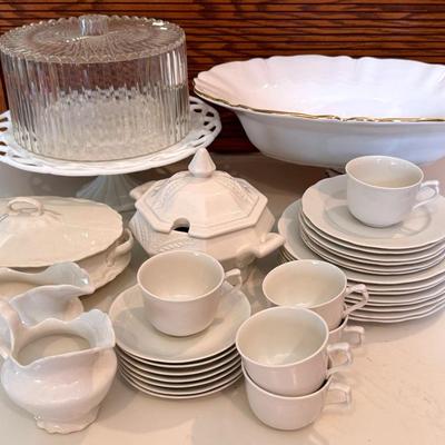 Cream Colored China (36 Pieces) w/ Large Cake Stand, Lucite Top, Homer Laughlin, Etc