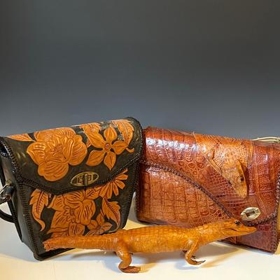 Tooled Leather and Alligator Handbags with Taxidermy Alligator 