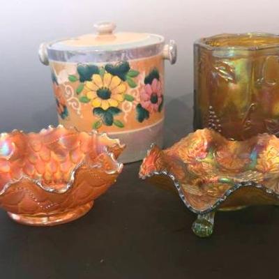 Carnival Glass Lotus Footed Bowl, Candy Dish And Canister +