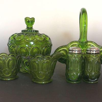 Vintage LE Smith Moon & Stars Green Glass Set 