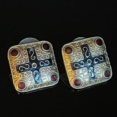 Moroccan 925 Sterling Enameled Earrings, Marked