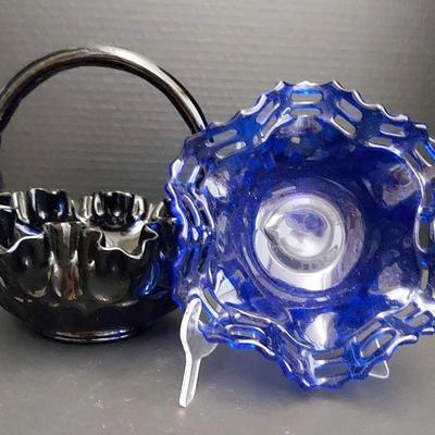 Fenton Black Amethyst Glass Basket With Cobalt Blue Woven Pierced Candy Dish
