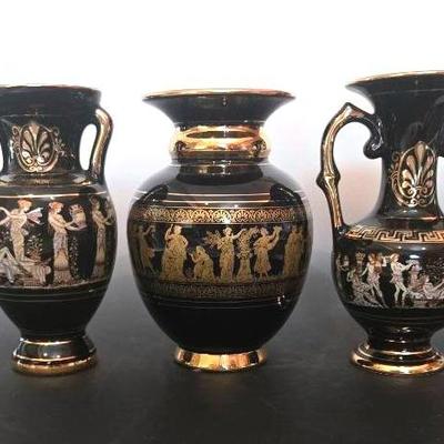 Vintage 24K Hand Made in Greece, Colbalt Blue/Gold,  Black/Gold Vases