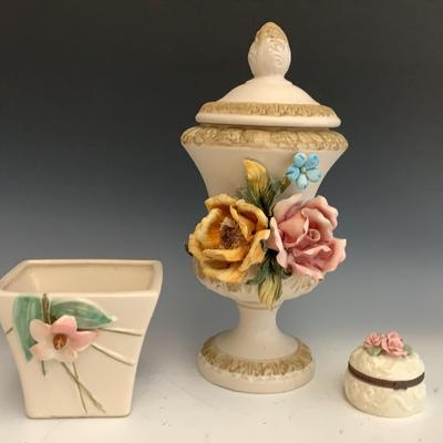 Vintage Capodimonte Style Lidded Urn, McCoy Planter And A Small Floral Lidded Jar