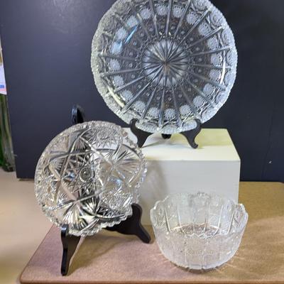 Bohemian Queen Lace Czech Cut Glass Platter, 7" Bowl & ABP Brilliant Period Cut Glass Bowl