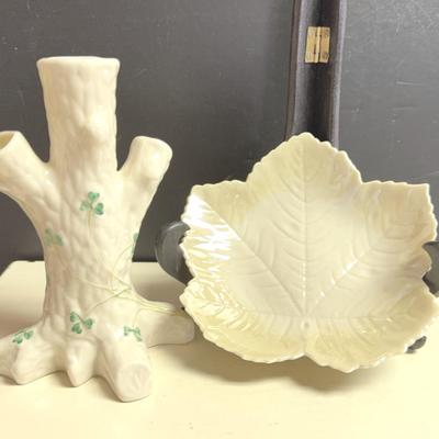 Belleek Trinket Leaf 1930s, 3rd Black Stamp/Shamrock Tree Trunk Vase c. 1960's 
