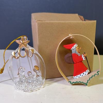 Hand Spun Glass Nativity/Wood Santa Ornaments 