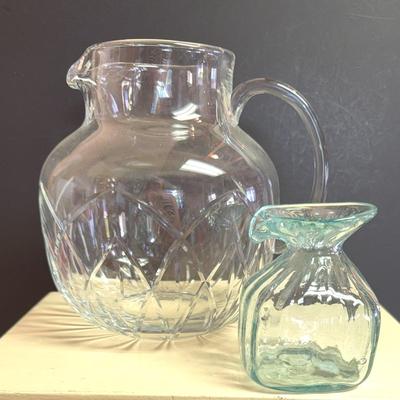 Block "Rainbow" 80 Oz Pitcher/Teal Blown Glass Vase Mexico
