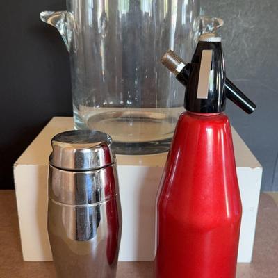 Red Austrian Seltzer Bottle/Italian Martini Shaker/Glass Ice Bucket
