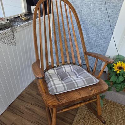 Traditional Solid Oak Bowback Windsor Rocking Chair 