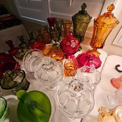 Vintage Fostoria coin glassware, numerous colors.