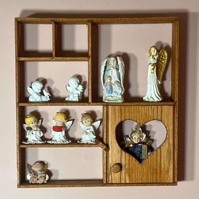 Wood Wall Shelf With Angels Figurines 