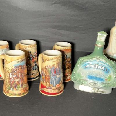 Vintage Beer Steins And Whiskey Bottles