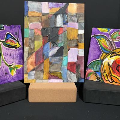Three Acrylic Paintings On Wood.