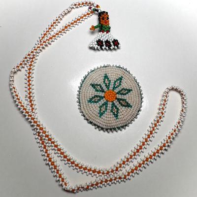 Vintage Native American Seed Bead Pendant Necklace & Medallion