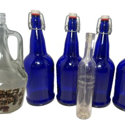 Set of 4 Cobalt Blue E-Z Cap Bottles & Small Wine Bottle