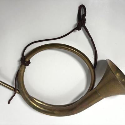 Antique India Brass Bugle Fox Horn w/ Leather Strap