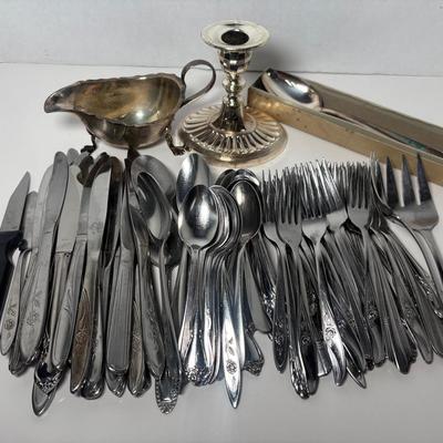 Stainless Flatware & Plated Gravy Boat, Candlestick & Crown Silverplate Spoons