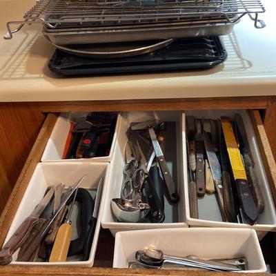 Assorted Knives, Cookie Sheets and Cooling Racks