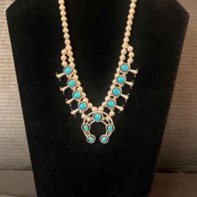 Ta135 sterling and synthetic turquoise squash blossom necklace
