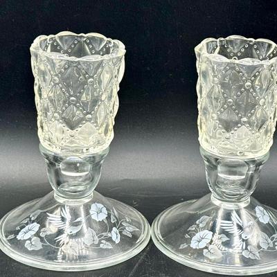 (2) Crystal Avon Hummingbird Candlestick Holders & Quilted Votive Cups