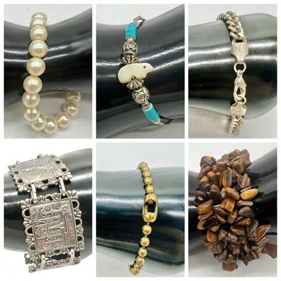 (6) Bracelets including Tiger Eye & Silver Tones