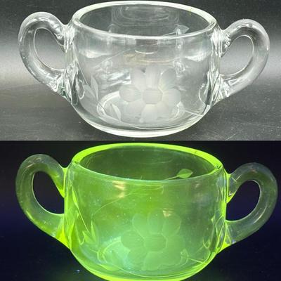 Depression Glass Etched Sugar Bowl-UV Reactive 