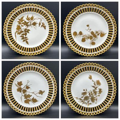 (4) Handpainted Porcelain 8” Plates with Gold Openwork Border