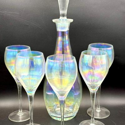 Vintage Toscany Iridescent Decanter (5) Glasses With Stickers